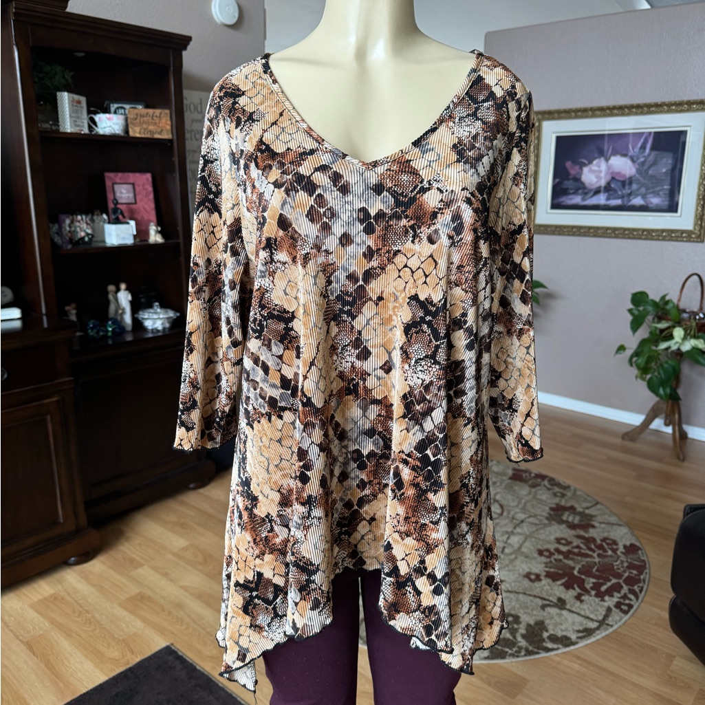 Only 9 Shades Of Brown & White 3/4 Sleeves Vneck Blouse-Size Xl